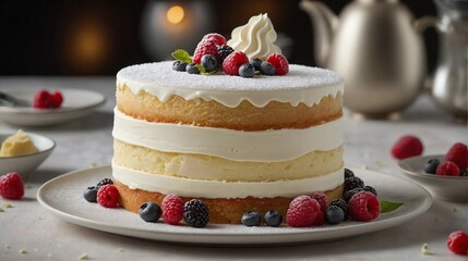 Cake with white cream icing and fruits