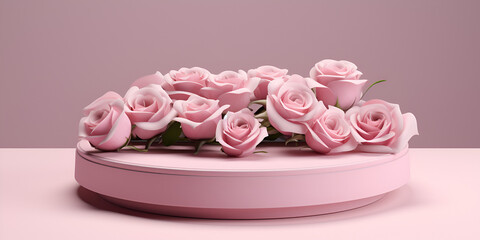 Product podium with spring flowers in pink pastel colors for product presentation. Mockup for branding, packaging