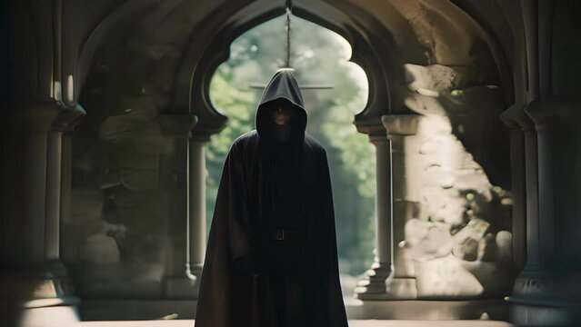 Monk over medieval background. The concept of medieval history, life and culture. Ai-generated.