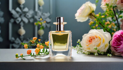 Mock-up of glass perfume bottle with beautiful spring flowers. Floral aroma. - obrazy, fototapety, plakaty