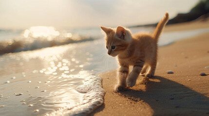 Cute little cat playing on the beach