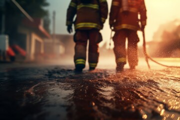 Selective focus Firemen fighting a burning fire with flames to rescuing people Created with Generative AI technology.