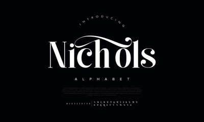Nichols Abstract Fashion font alphabet. Minimal modern urban fonts for logo, brand etc. Typography typeface uppercase lowercase and number. vector illustration