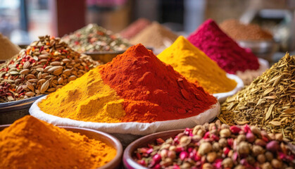 Eastern local market, piles of colorful aromatic spices. Sacks with seasonings, different types of spices on the background.