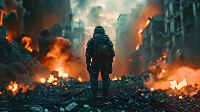 Women in sci-fi amour standing in an apocalyptic scene with debris, smoke, and fire in the aftermath of war.