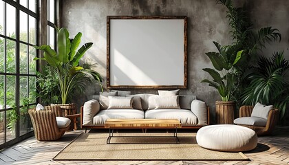 Stylish Living Room Interior with Blank frame Poster, Modern interior design. living room interior with sofa and armchair, shelf with art decoration. - 747175636