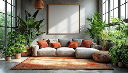 Stylish Living Room Interior with Blank frame Poster, Modern interior design. living room interior with sofa and armchair, shelf with art decoration. - 747175686