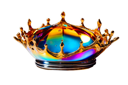 Holographic rainbow figure, metallic sparkling volumetric element isolated on a transparent background, PNG image. Crown shape, melting metal.