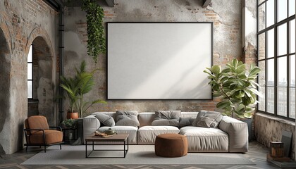 Stylish Living Room Interior with Blank frame Poster, Modern interior design. living room interior with sofa and armchair, shelf with art decoration. - 747175877