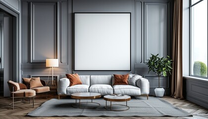 Stylish Living Room Interior with Blank frame Poster, Modern interior design. living room interior with sofa and armchair, shelf with art decoration. - 747175892