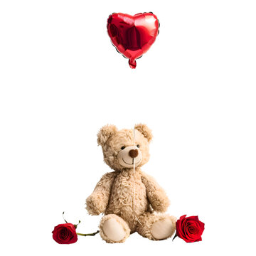  A delightful image of a cute teddy bear surrounded by a romantic red rose and heart-shaped balloon, Transparent background