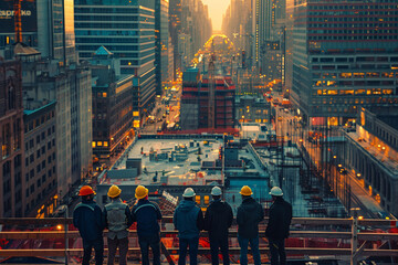 elegant shot of an engineer team in hardhats gathered for a meeting amidst the bustling activity of a construction site in a contemporary cityscape, photo