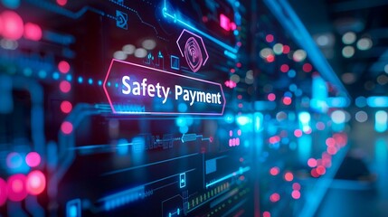 a high-tech illustration  design with the text Safety Payment. with a shield and lock icon.  the concept of safe and secure payment transactions.
 - obrazy, fototapety, plakaty