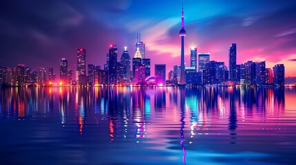 Fototapeta na wymiar Vibrant city skyline reflecting on calm waters at night. Generative Ai