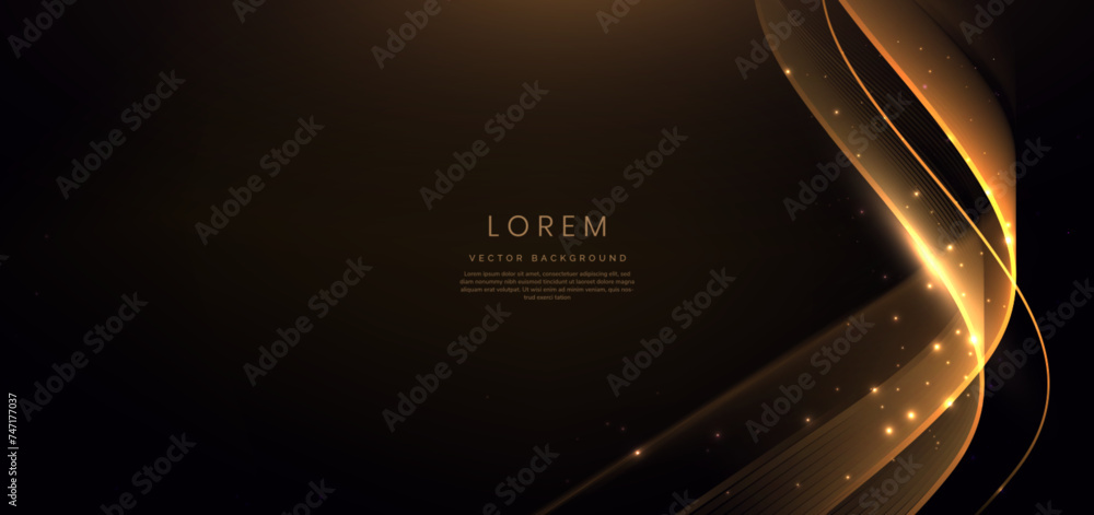 Poster gold curved ribbon on black background with lighting effect and sparkle with copy space for text. lu