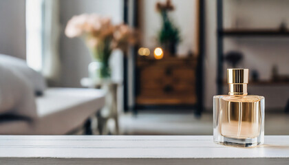 Mock-up of glass perfume bottle. Floral aroma. Blurred room interior