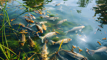 Dead tropical fish on water surface in natural