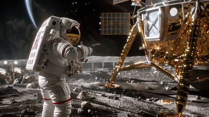 Astronaut on Lunar Mission, Spacecraft Lander on Moon Surface - obrazy, fototapety, plakaty