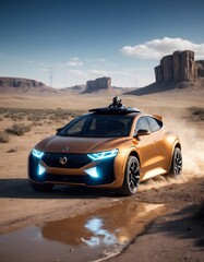 Fototapeta na wymiar An electric coupe with a futuristic blue and orange design speeds through a desert, stirring up a cloud of sand. Reflective surfaces mirror the stark beauty of the surrounding monoliths.