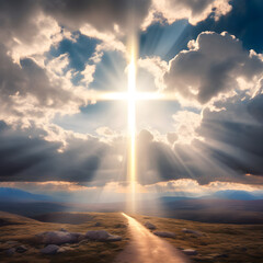 Fototapeta premium The sky is cloudy, with a dramatic appearance and light rays shining through. In the middle of the scene, there is a backlit holy cross