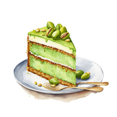 Pistachio cake with pistachio buttercream on dish watercolor illustration