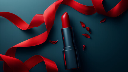 Beautiful red lipstick with a red ribbon on a beautiful background.  generative ai  - obrazy, fototapety, plakaty