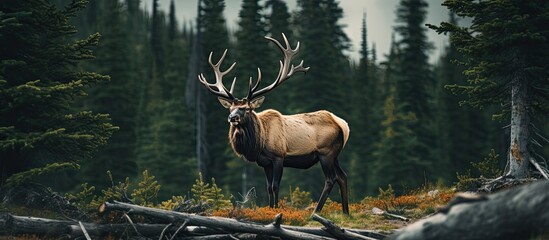 A majestic elk is standing proudly on top of a dense and vibrant green forest, showcasing its impressive size and strength in the wild surroundings. The lush canopy provides a striking backdrop to the