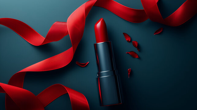 Beautiful red lipstick with a red ribbon on a beautiful background.  generative ai 
