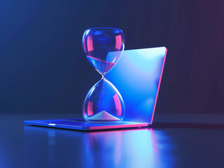 Futuristic Concept of Time Management with Hourglass on Glowing Laptop<Illustration>
