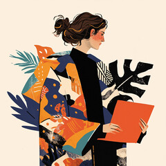 Contemplative Woman with Plant Patterns and Warm Color Palette Modern Illustration