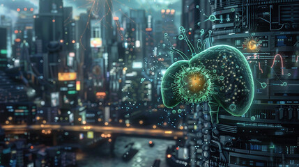 3D-rendered virus attacking a liver in a cyborg, night city backdrop