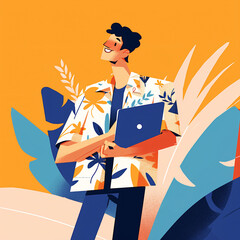 Young Male Freelancer with Laptop Enjoying Tropical Ambiance Flat Illustration