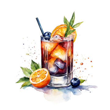 Old Fashioned cocktail watercolor illustration 