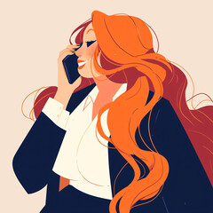 Smiling Red-Haired Woman in Business Attire Chatting on Smartphone Illustration