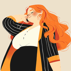 Curvy Red-Haired Woman Enjoying Breeze, Modern Minimal Art Illustration