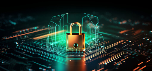 Fototapeta premium Digitale Sicherheit, Konzept Cyber Security, Sicherheit am Laptop und im Internet, Netzwerksicherheit, Schloss mit Schaltkreisen