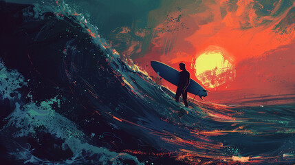 Mysterious surfer embarking on an enigmatic journey, waves of mystery - obrazy, fototapety, plakaty
