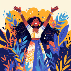 Joyful African Woman Celebrating Culture with Open Arms in Floral Scene