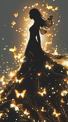 Fototapeta na wymiar Silhouette of a girl decorated with luminous butterflies, symbolizing the arrival of spring, on a golden background.