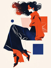 Stylish Woman in Contemplation with Windblown Hair Abstract Illustration