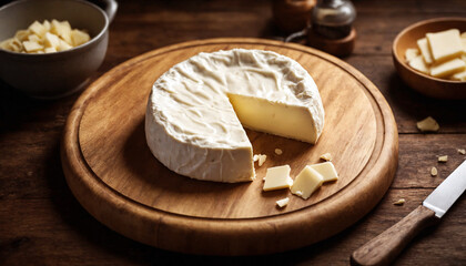 Fototapeta na wymiar Brie Cheese Sliced on a Wooden Chopping Board Close-up Shot