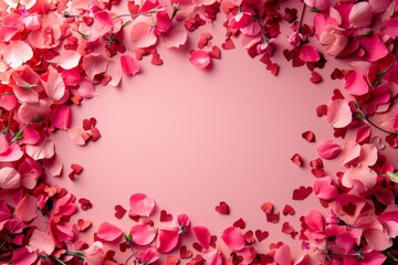 Romantic pink rose petals arranged in a circular pattern on soft pink background with copy space