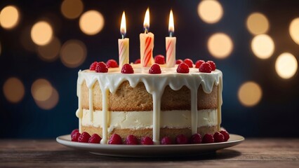 birthday cake with candles on bokeh background