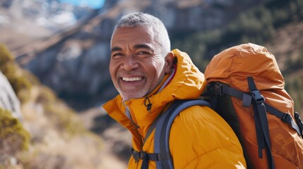 Naklejka premium A cheerful older man with a gray beard and hair wearing a bright yellow jacket and carrying an orange backpack smiling at the camera while standing in a mountainous landscape with a clear blue sky.