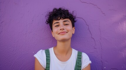 Young person with curly hair smiling against a purple wall wearing a white t-shirt with green suspenders.