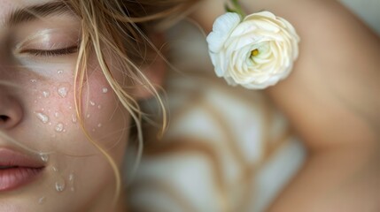 A close-up of a woman's face with closed eyes dewy skin and a single white rose resting on her shoulder evoking a serene and ethereal beauty.