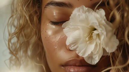 Naklejka premium A close-up of a person's face with closed eyes adorned with a single white flower evoking a sense of tranquility and natural beauty.