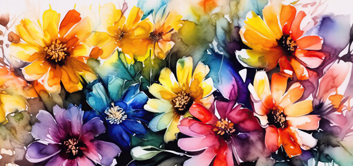 Bright painted flowers background. Generative AI - obrazy, fototapety, plakaty