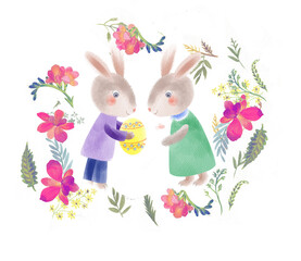 Easter Easter bunnies with an egg among flowers on a white background