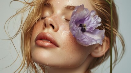 A close-up of a woman's face with closed eyes adorned with a single purple flower evoking a sense of tranquility and natural beauty.
